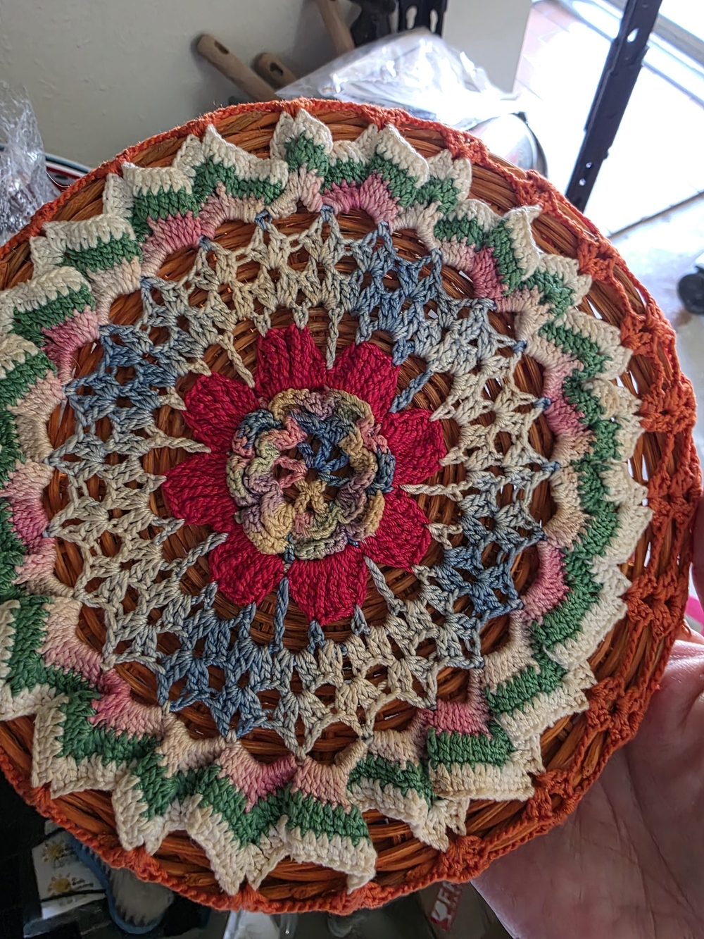 Handmade Multicolor Crochet Doily with Wicker Base..tivet
